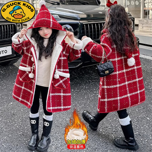 G.DUCKKIDS Koreanische Version 2025 neue Mädchen Winterkleidung verdickter Samt Wollsamtmantel mittellanger karierter Mantel im koreanischen Stil schwarz 170 cm