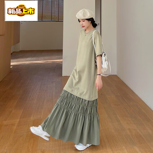 Chujing 2025 Neues Sommer Super langes Kleid mit kurzärztem Kleid für Frauen Fett MM großer Größe locker bis Knöchelspleißen und plissierte Freizeitbilder Farbe 3xl