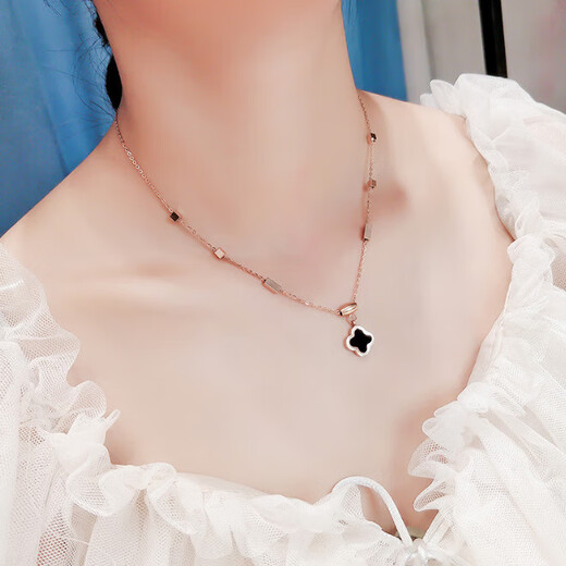 钛钢黑色四叶草项链女新款2023爆款锁骨链小众设计高级感毛衣链 黑色