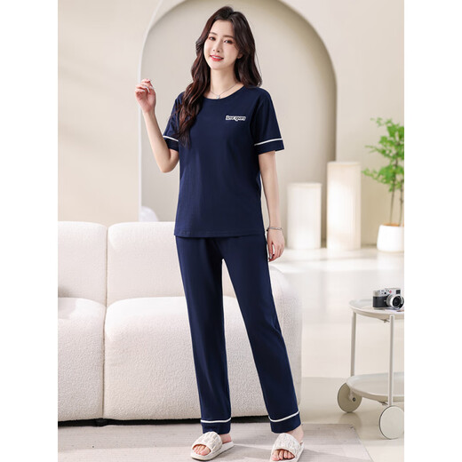 北极绒睡衣女夏季纯棉短袖薄款2025年新款夏天休闲全棉可外穿长裤家居服 7374豆绿 无胸垫 M 80-100斤