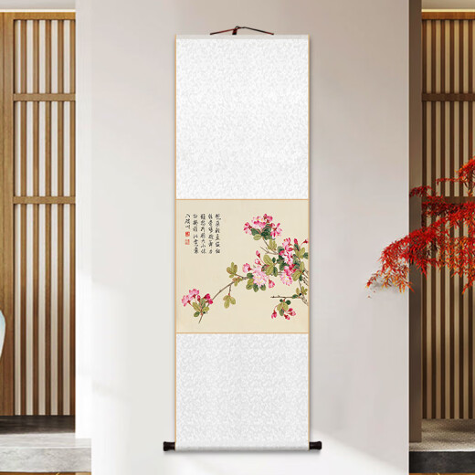 承琉董诰春景花卉册卷轴挂画新中式牡丹茶花装饰画客厅书房茶室玄关画 11980款：蝴蝶兰 整体尺寸：53*138cm明黄色锦绫+新款