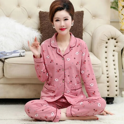 奈加图中年妇女妈妈睡衣女夏纯棉长袖印花老人宽松翻领可外穿空调家居服 9902 M (80-100)