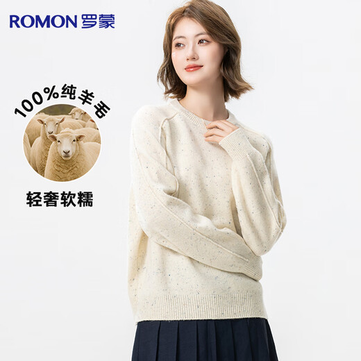 罗蒙【100%绵羊毛】纯羊毛衫女士秋冬厚款圆领宽松打底衫红色套头毛衣