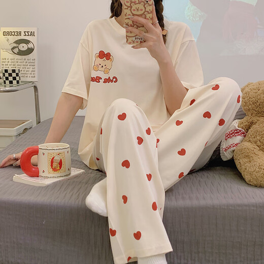 Arktischer Samt-Pyjama für Damen, Sommer-Kurzarmhose aus reiner Baumwolle, Sommer-dünner Sommer-Zimt-Hund, Frühling und Herbst, niedliches Heimkleidungsset JZM-6625 Love M