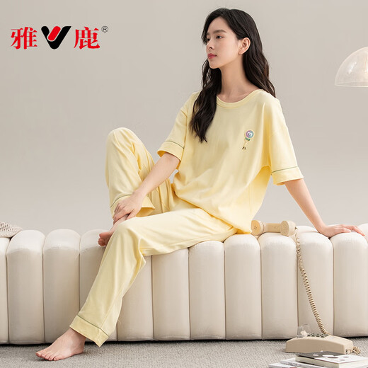 
Yalu pure cotton pajamas for women in summer 2025 new summer short-sleeved trousers warm yellow suit home clothes can be worn outside Y9720 M Recommended 80-100Jin [Jin equals 0.5 kg]