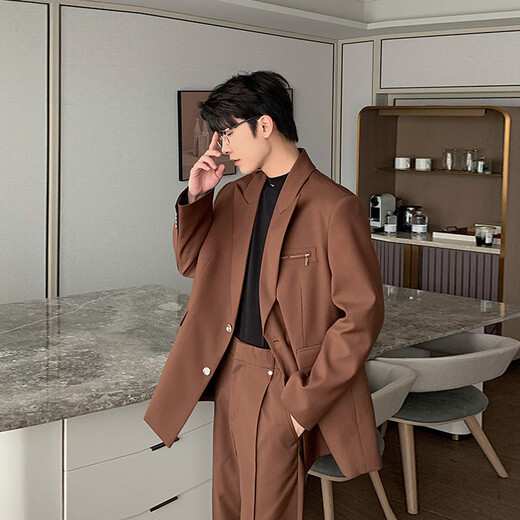 HUALUNDESIGN Autumn and Winter Korean Casual Suit Suit Men's High-end Handsome Loose College Student Suit Matching Set Black Top XL