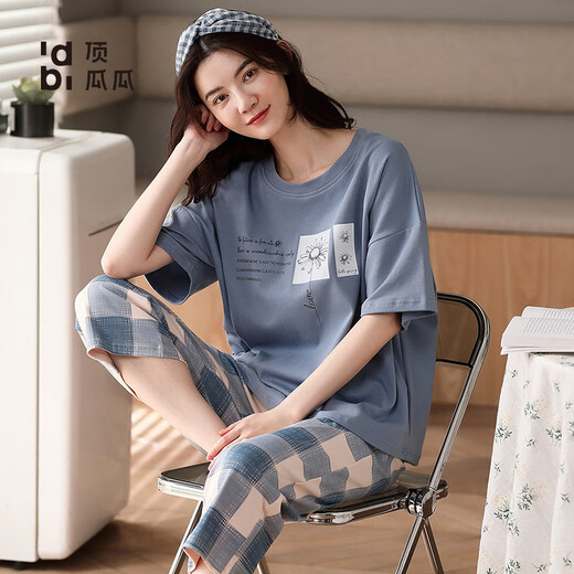 Hengyuanxiang 2025 new pajamas for women summer pure cotton short-sleeved two-piece set summer striped home clothes can be worn outside mom YZ9848 black striped M women's model recommended 80-100Jin Jin equals 0.5 kg