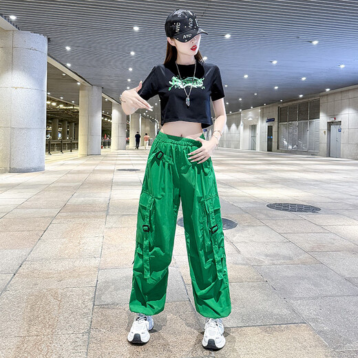书与茶美式速干工装裤女夏季薄款广场舞运动裤2025新款曳步舞爵士舞裤子 黑拼色上衣8828+玫红色长裤6628 L