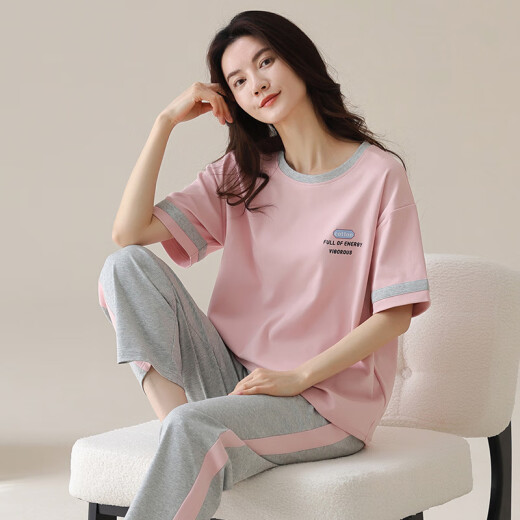 北极绒睡衣女春夏季短袖长裤纯棉韩版学生夏天可外穿全棉家居服套装 YZT9712棉短长 M (80-100斤)