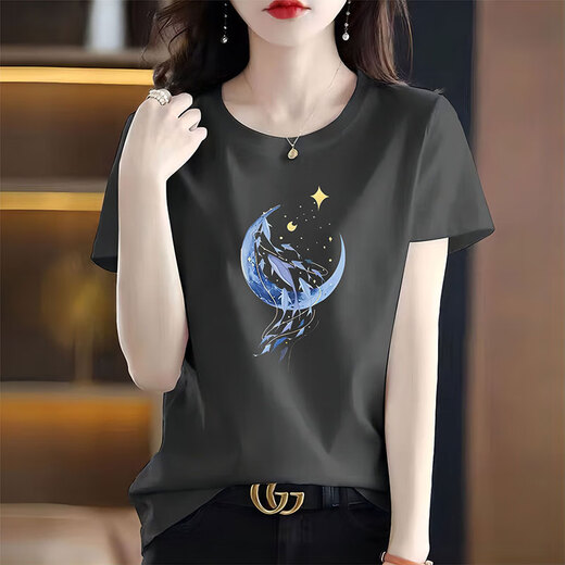 Duvanis Kurzärärt-T-Shirt für Frauen 2025 Neue amerikanische Frauen mittleren Alters mittleren Baumwolltibetanblaues High-End-T-Shirt für Frauen losen runden Hals 6161 Marineblau