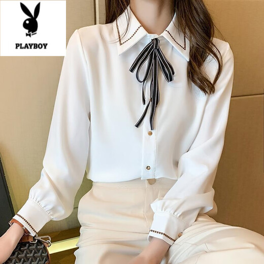Playboy (PLAYBOY) autumn new chiffon shirt women's top bow tie lapel versatile polo collar shirt long-sleeved bottoming shirt blue XL 125-140Jin Jin equals 0.5 kg
