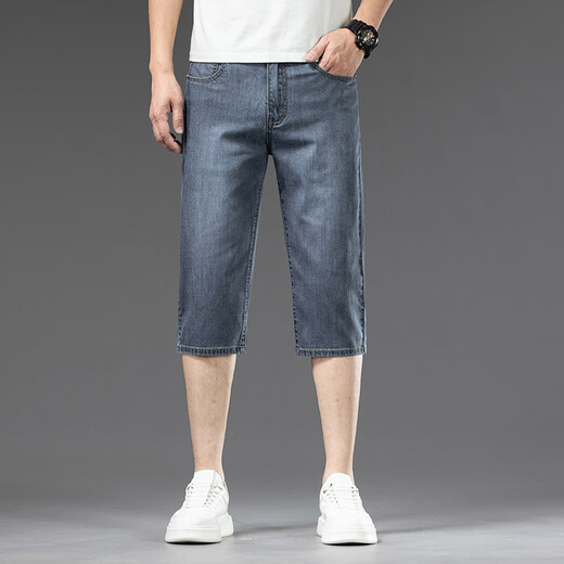 Playboy ice silk seven-point denim shorts for men's trendy brand slim straight mid-tie 2025 summer thin casual and versatile men's pants 757# Ice sand blue 29 [waist circumference 2 feet 2 recommended 100~110Jin [Jin equals 0.5 kg] wear]
