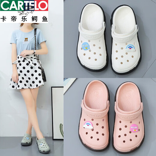 卡帝乐鳄鱼踩屎感洞洞鞋女夏季外穿网红新款沙滩厚底可爱仙女风包头半拖凉鞋 739白色+蓝色小鸟 38