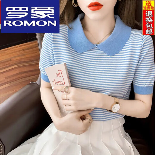 Collar de muñecas a rayas de Romon para mujeres de manga corta de 25 años, suéter de seda de seda de hielo, camiseta delgada pequeña de la edad DX691# amarillo s recomendado 80-100Jin [Jin iguala 0.5 kg]