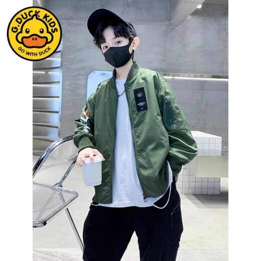 G.duck2025 children's clothing boys' jackets boys' jackets spring and autumn long-sleeved tops for middle-aged and older children, handsome and versatile, green spring and autumn 140 cm