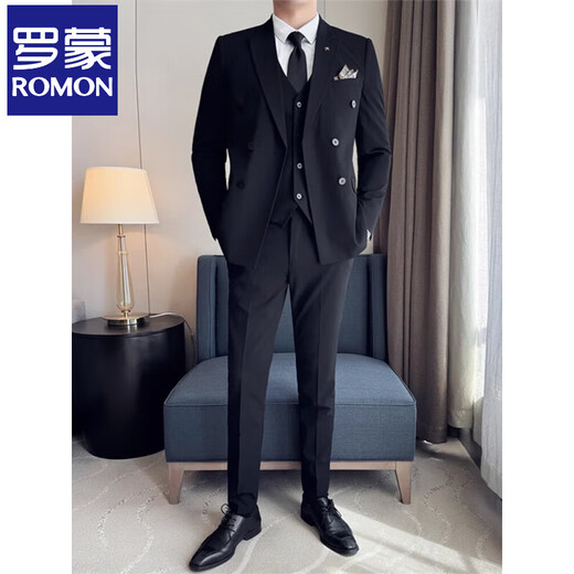 Luo Meng Suit Men's 2025 Autumn and Winter Black Formal Groom Wedding Dress Double-breasted Suit Jacket Single Dress Black XL 125-140Jin Jin is equal to 0.5 kg