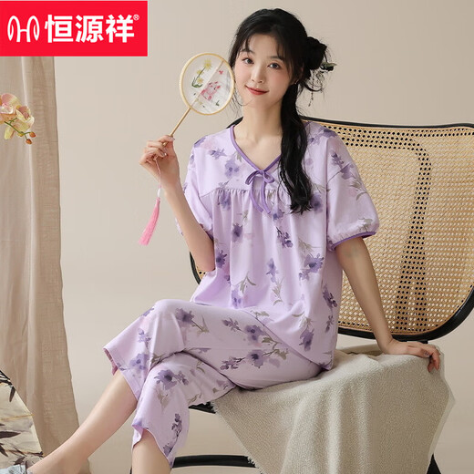 Hengyuanxiang 2025 new summer short-sleeved cropped pants pajamas women's national style home clothes casual and can be worn outside suits National style short-sleeved 9901 YZT cropped pants M Recommended 80-100Jin [Jin equals 0.5 kg]