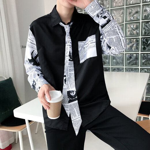 Fhhuabd sommer dünnes Zeitungshemd Herren koreanische lose und hübsche Langarmhemd trendy und gutaussehendes Krawattenhemd 9928 s