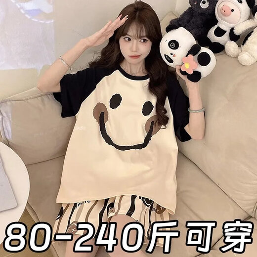 Yalu-Sommer-Pyjama für Frauen süßer Cartoon gedruckt lose große Shorts Shorts Casual Jugendhaus Kleidung Set Marke [Kurzärärmelte Shorts] 693 Black Smiley Face M [80-90jin [Jin gleich 0,5 kg]]