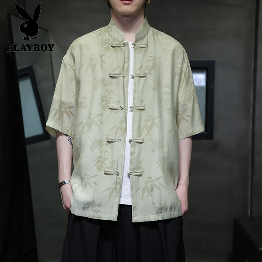 Playboy (Playboy) Summer delgado Camisa de manga corta Nuevo estilo chino Estilo antiguo Botón Tang Suit Men's Chinese Bamboo Leaf Top Zhongshan Suit CS9898 Negro 5xl