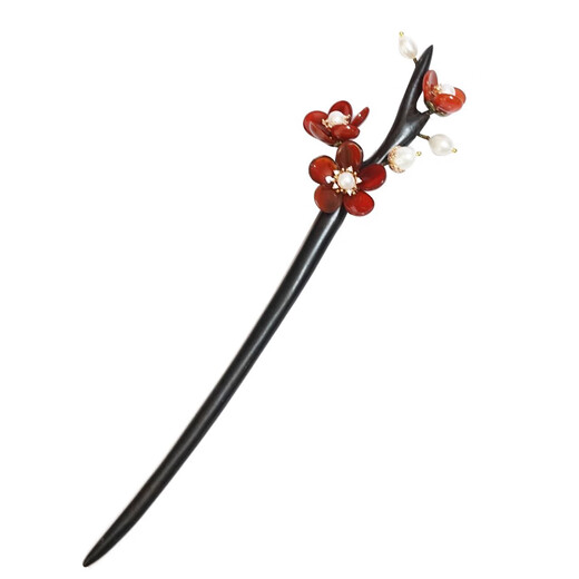Kamalun (KAMALUN) red agate plum hairpin black sandalwood hairpin handmade Hanfu headwear high-end daily wear new Chinese style hairpin red agate plum blossom A style pole length 18 cm
