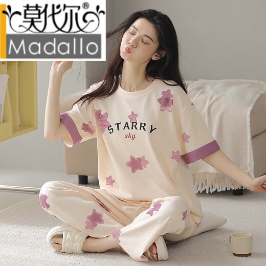 莫代尔睡衣女夏季棉薄款短袖长裤夏天甜美少女套装春秋可外穿家居服 YZ9717 M 女(80-100斤)