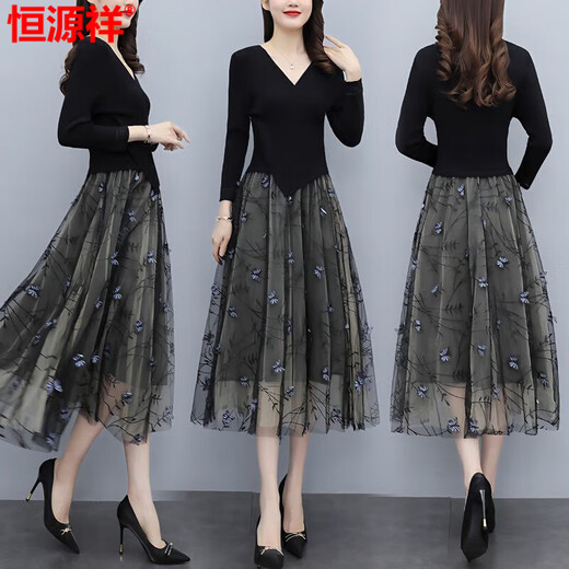 Hengyuanxiang yarn dress for women Spring and Autumn 2025 new summer high-end exquisite luxury brand temperament celebrity fake two-piece suit Black XL recommended 115-125Jin [Jin equals 0.5 kg]