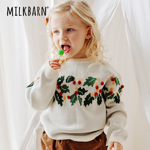 Milkbarn儿童毛衣男女童套头衫宝宝秋冬纯棉保暖针织衫亲子圣诞装 奶酪白 73 cm