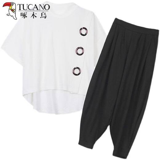 
TUCANO; Woodpecker Large Size Women's Fat mm Harem Pants Set 2025 Spring and Summer New Style Fashionable Slimming Belly Sports and Casual Two-Piece Set Light and Black <9928>Thin 2XL <Suggested 130-145>