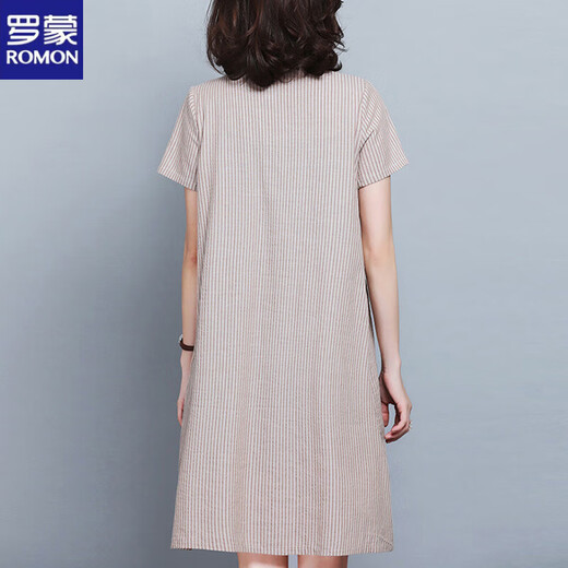 罗蒙（ROMON）棉条纹仿麻连衣裙女夏2025新款 宽松显瘦a字裙系带休闲中长裙子 粉色 M 85-100