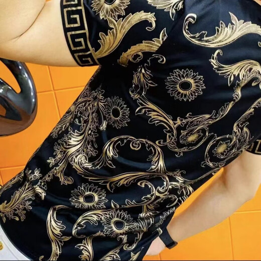 
YOUNG VERSACE new style 3883 summer light luxury European fashion men's beauty head iron diamond gold short-sleeved T-shirt trendy casual black European short-sleeved L (100-120Jin[Jin equals 0.5 kg])
