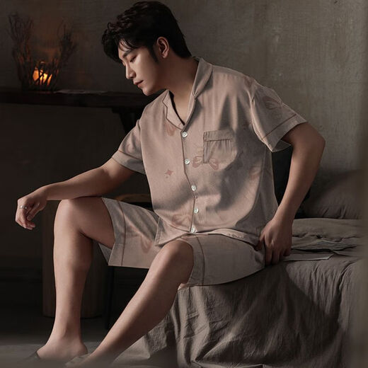 
Langsha pajamas men's ice silk short-sleeved summer thin large-size home clothes can be worn outside in summer cool plaid 2025 new style WR13077 men's L