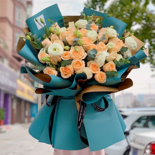 Lingxiang Valentine's Day Flower Express Champagne Rose Bouquet Confession of Love to Girlfriend and Wife Birthday Gift Nationwide Delivery 33 Champagne Rose Bouquets