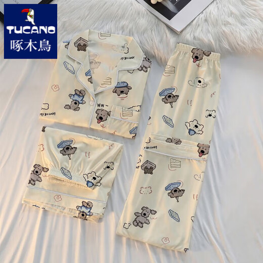 Woodpecker Summer Nouveau pyjamas en trois parties Pyjamas Femme à manche à manches courtes Coton coréen Cardigan Mignon Cartoon Puppy Internet Célébrité de style Célébrité Home Vêtements # FS-Three-Pice Set 14137 M [75-95jin [Jin est égal à 0,5 kg]]]