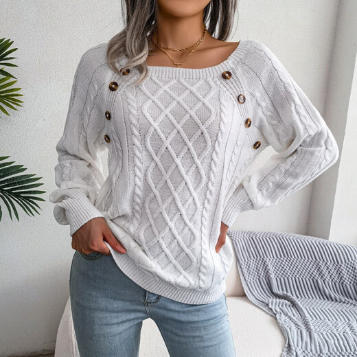 欧美风女装春秋慵懒风宽松休闲方领钉扣麻花针织衫上衣毛衣打底衫 咖啡色 M