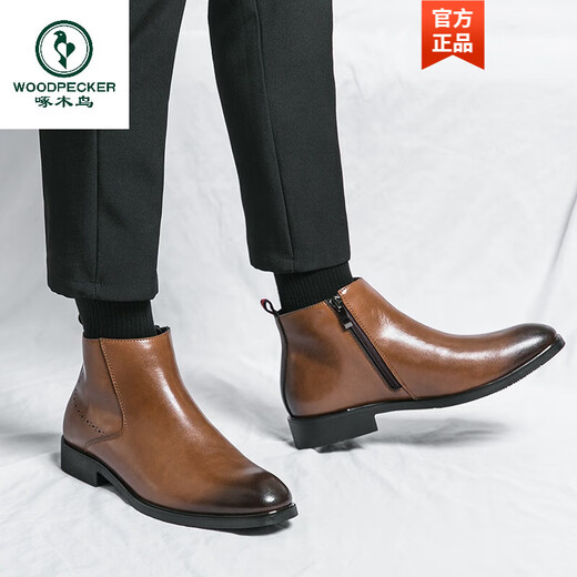 啄木鸟真皮马丁靴男韩版英伦商务内增高中帮高跟尖头发型师皮鞋高帮皮靴 2232棕色 42 标准皮鞋码