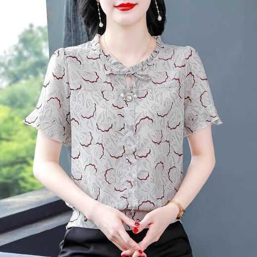 时尚印花夏装新款宽松遮肚子小衫高端洋气妈妈上衣短袖雪纺衫女士 花色 M 【建议90-100斤】