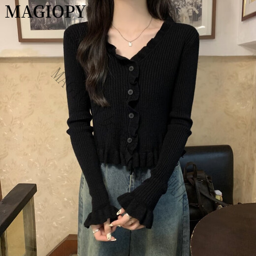 MAGIOPY国际一线轻奢黑色V领针织开衫外套女春秋季木耳边锁骨大朗毛衣打 黑色[秋装女装/多巴胺秋季穿搭/ S 均码
