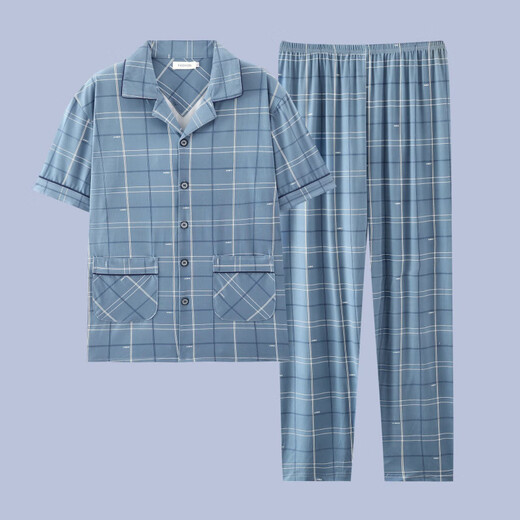 TTPMER男士夏季睡衣短袖长裤薄款大码家居服套装 G3881蓝色(短袖) 190 3XL【建议160-190斤】