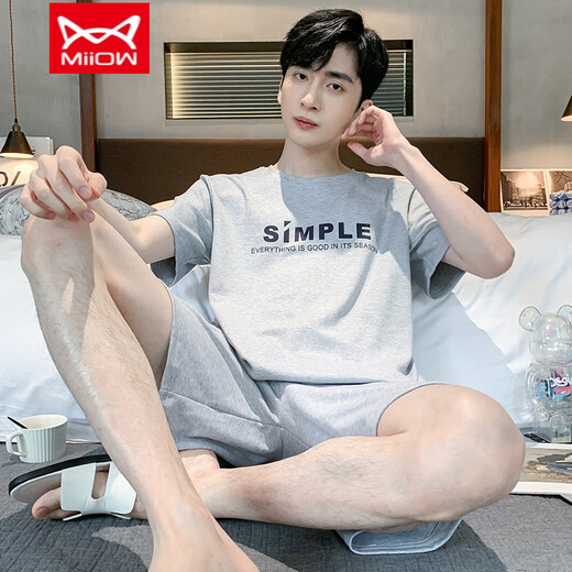 Catman (MiiOW) summer men's pajamas short-sleeved shorts cotton teenagers Korean style student large size home clothing middle-aged suit thin 9922 L men (recommended 100-130 Jin [Jin equals 0.5 kg])