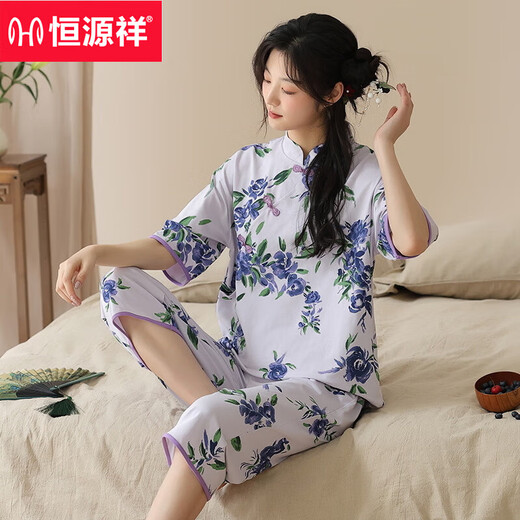 Hengyuanxiang 2025 new summer short-sleeved cropped pants pajamas women's national style home clothes casual and can be worn outside suits National style short-sleeved 9901 YZT cropped pants M Recommended 80-100Jin [Jin equals 0.5 kg]
