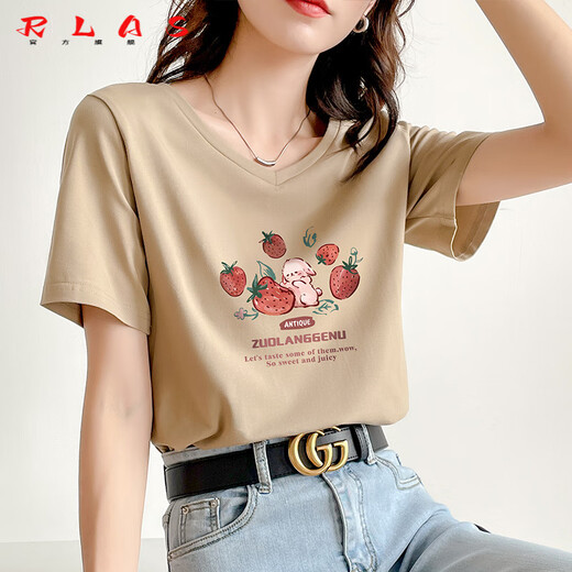 RLAS卡其色t恤女2025新款夏季短袖纯棉正肩体恤设计感兔子v领显瘦上衣 卡其色 723 M