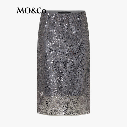 Mo/co. [C+ Series] Юбка 2025 Осенью новые продукты Seiko Sequin Beadered Patching Art MBE3SKT036 Silver Grey S S