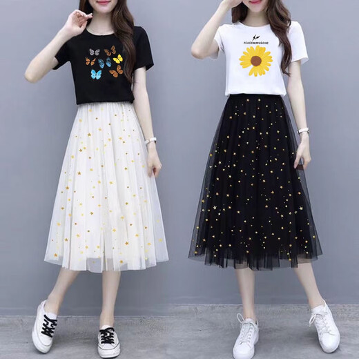 酷章（KUZHANG）网纱裙女两件套装夏季新款短袖t恤女小个子半身裙子学生连衣裙女 韩6198#白色+黑色裙 S