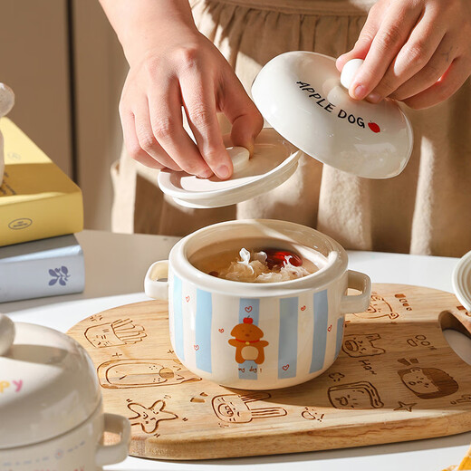 Sheli Cute Ceramic Stewing Cup Household Small Soup Cup with Cover Steamed Egg Bowl Isolated Water Stewing Steaming Cup Stewing Soup Crock Pot Stewing Bird's Nest Balloon Dog-Stewing Cup 550ML 500ml Can be steamed, baked or microwaved