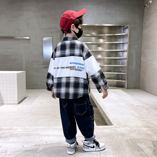 Xinyouyu Boys' Shirt 2025 New Spring and Autumn Clothes for Big Children's Shirts Fashionable Plaid Tops Trendy and Cool Outfits Black 170