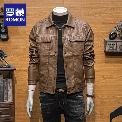 ROMON Brown PU Leather Men's Jacket Autumn and Winter Slim Leather Jacket 2026 New Trendy Casual Lapel Motorcycle Top Brown 2XL