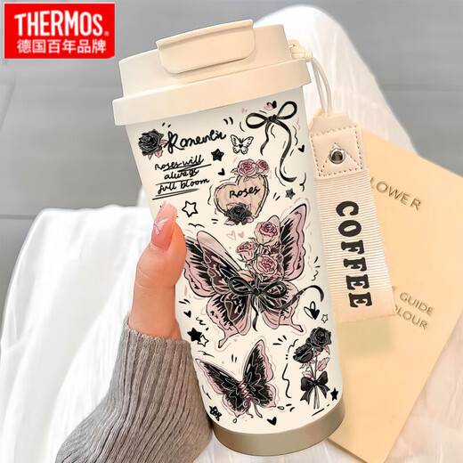 Thermos Simple Butterfly Thermos (Thermos) Acero inoxidable Portable Doble Café Copa 2025 nueva taza de agua de paja para mujeres BW1047 Silver Butterfly + colgante colgante