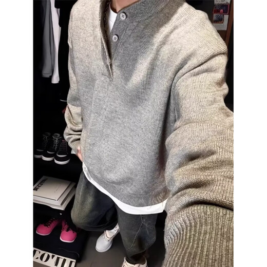 An Chuxia Gray American Henley Collar Knitted Sweater Men's Long Sleeve Lazy Style Cleanfit Bottoming Sweater Jacket Light Gray XL