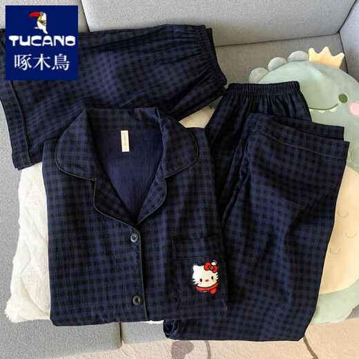 Woodpecker Hellokitty Pure Cotton Gaze Pyjamas für Frauen im Sommer kurzärmelig 2025 NEU NETTE DREIGE-SETTE HAUS KLEIDE YUNDUO COTTON-9906# STAR PUPPY DRÜCK SET M [Vorgeschlagen 75-100jin [Jin gleich 0,5 kg]]